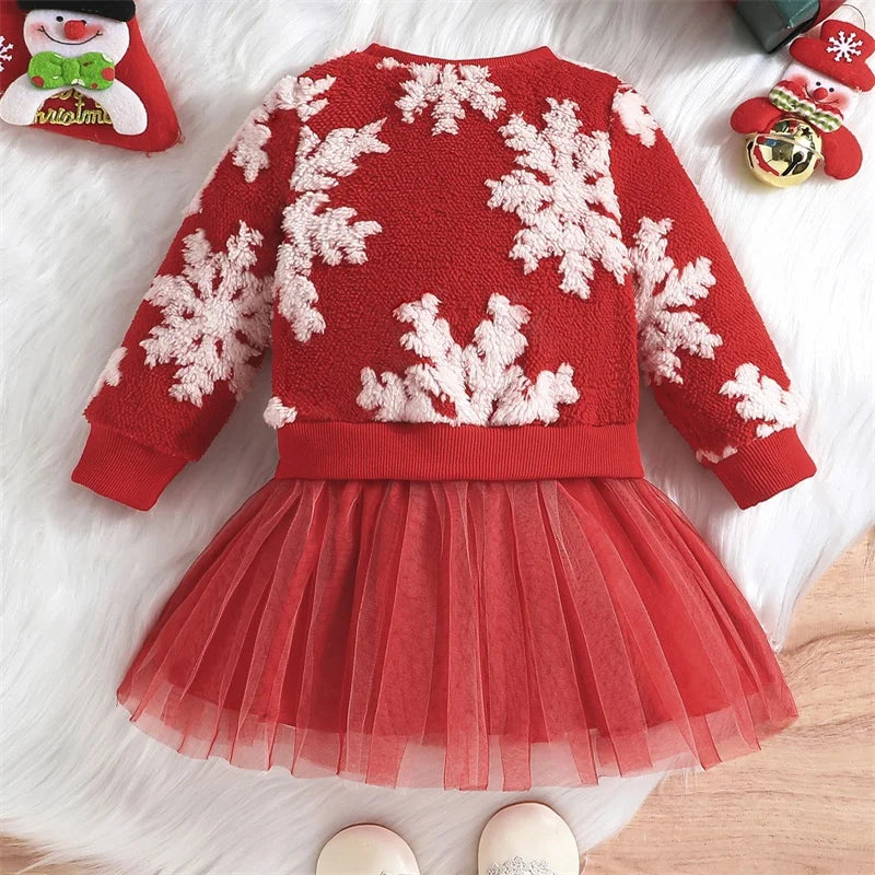 Baby Girl Christmas Party Dress, Long Sleeve Round Neck Snowflake Sweatshirt Tulle Patchwork Dress